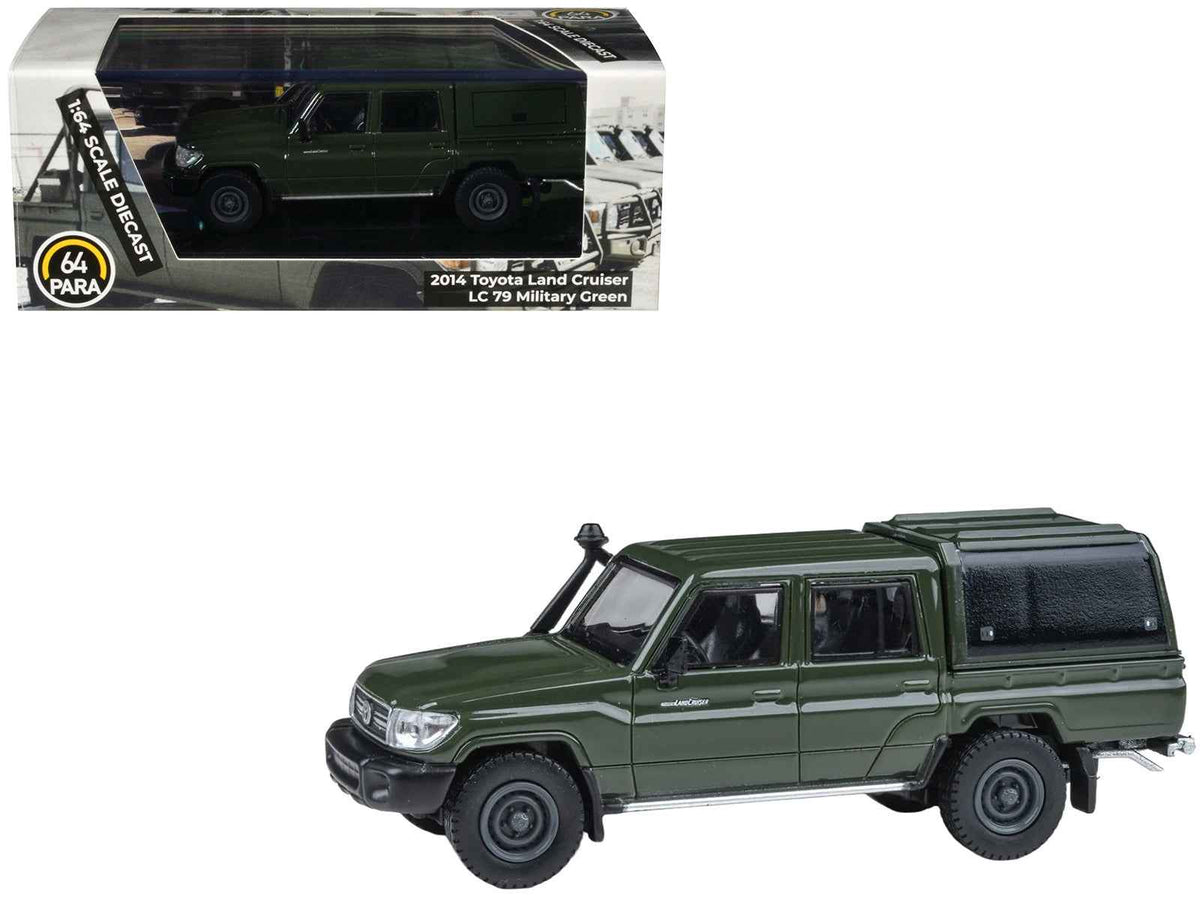 Miniature Toyota Land Cruiser LC 79 diecast model with camper shell in military green by Miniature Motors, 1/64 scale.