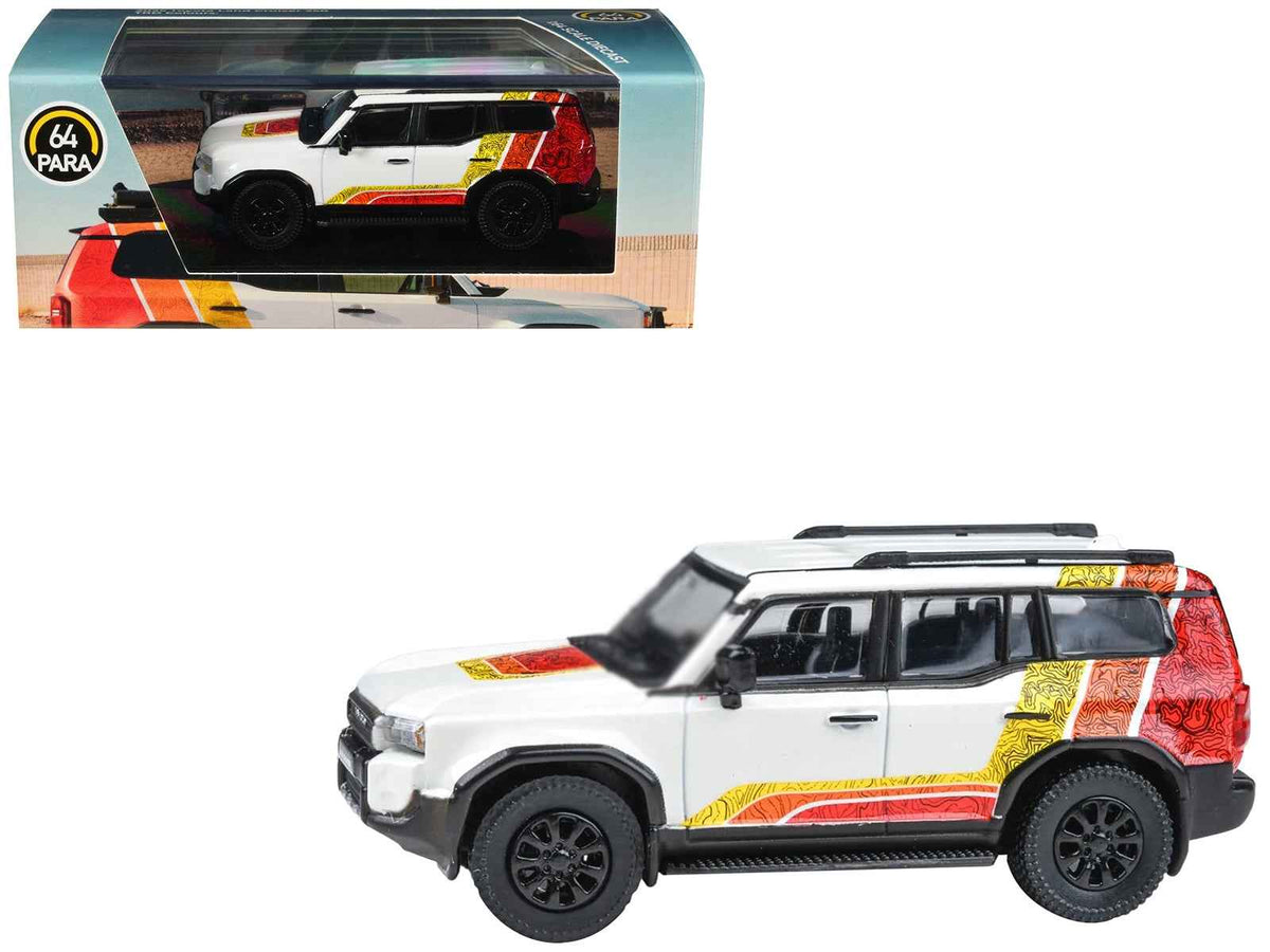 White 2024 Toyota Land Cruiser 250 Prado diecast model car with TRD stripes, by Paragon Models, 1/64 scale.