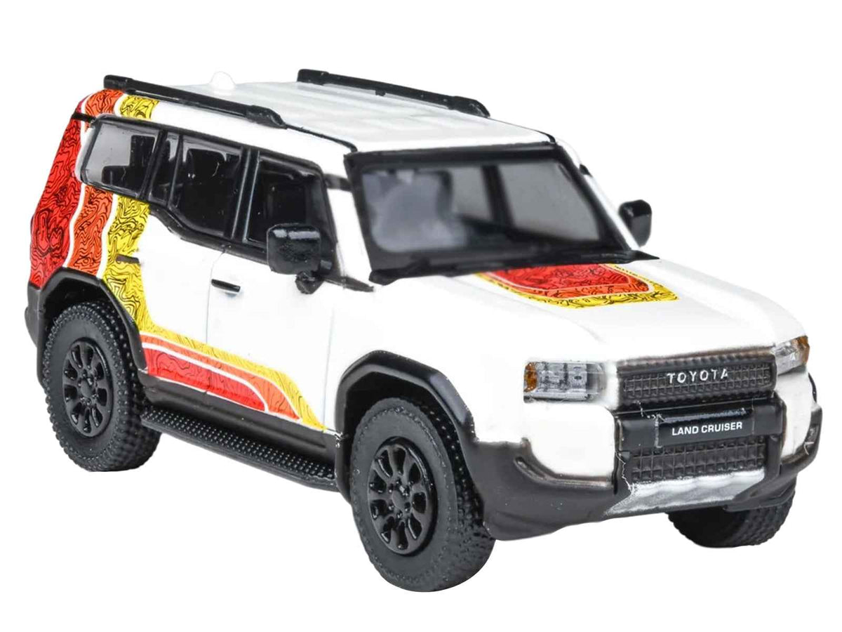 White 1/64 scale Toyota Land Cruiser 250 Prado diecast model car with TRD stripes by Miniature Motors.
