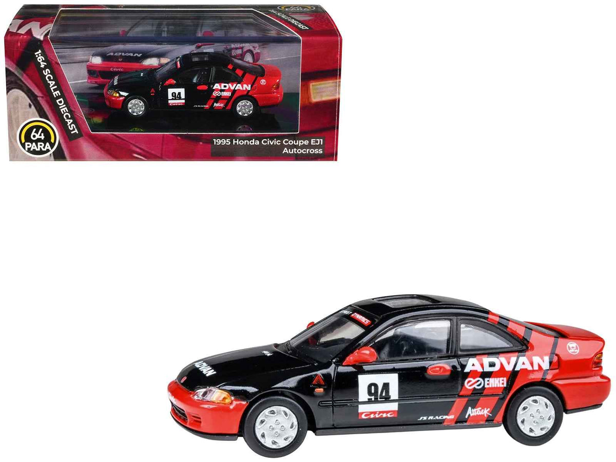 Miniature Honda Civic Coupe EJ1 diecast model car in black and red, 1995 Autocross #94 by Paragon Models, 1/64 scale.