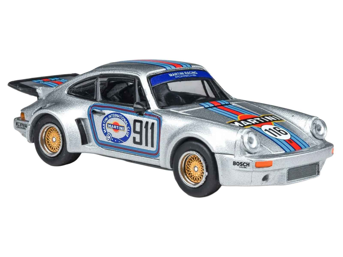 Silver metallic Porsche 911 Carrera RSR 3.0 Martini Racing 1/64 diecast model car by Miniature Motors with racing stripes.
