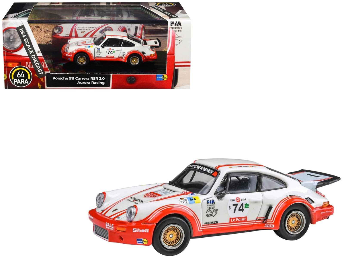 Miniature Motors Porsche 911 Carrera RSR 3.0 #74 diecast model car, white with red stripes, 1/64 scale by Paragon Models