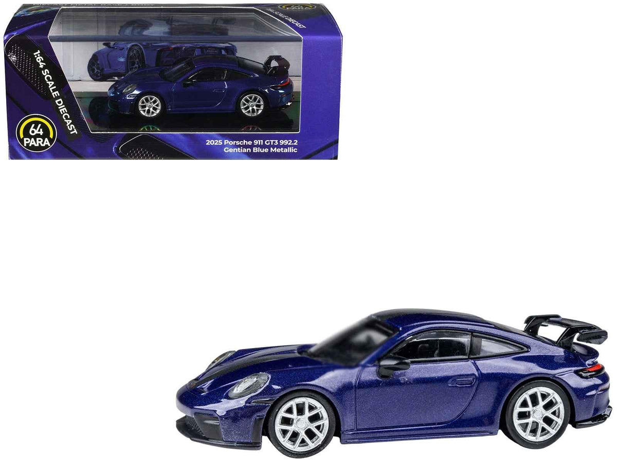 Miniature 2025 Porsche 911 GT3 (992.2) diecast model car in Gentian Blue Metallic with carbon stripe, by Miniature Motors.