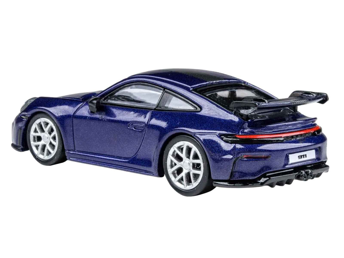 Miniature Porsche 911 GT3 (992.2) diecast model car in Gentian Blue Metallic with carbon stripe by Miniature Motors