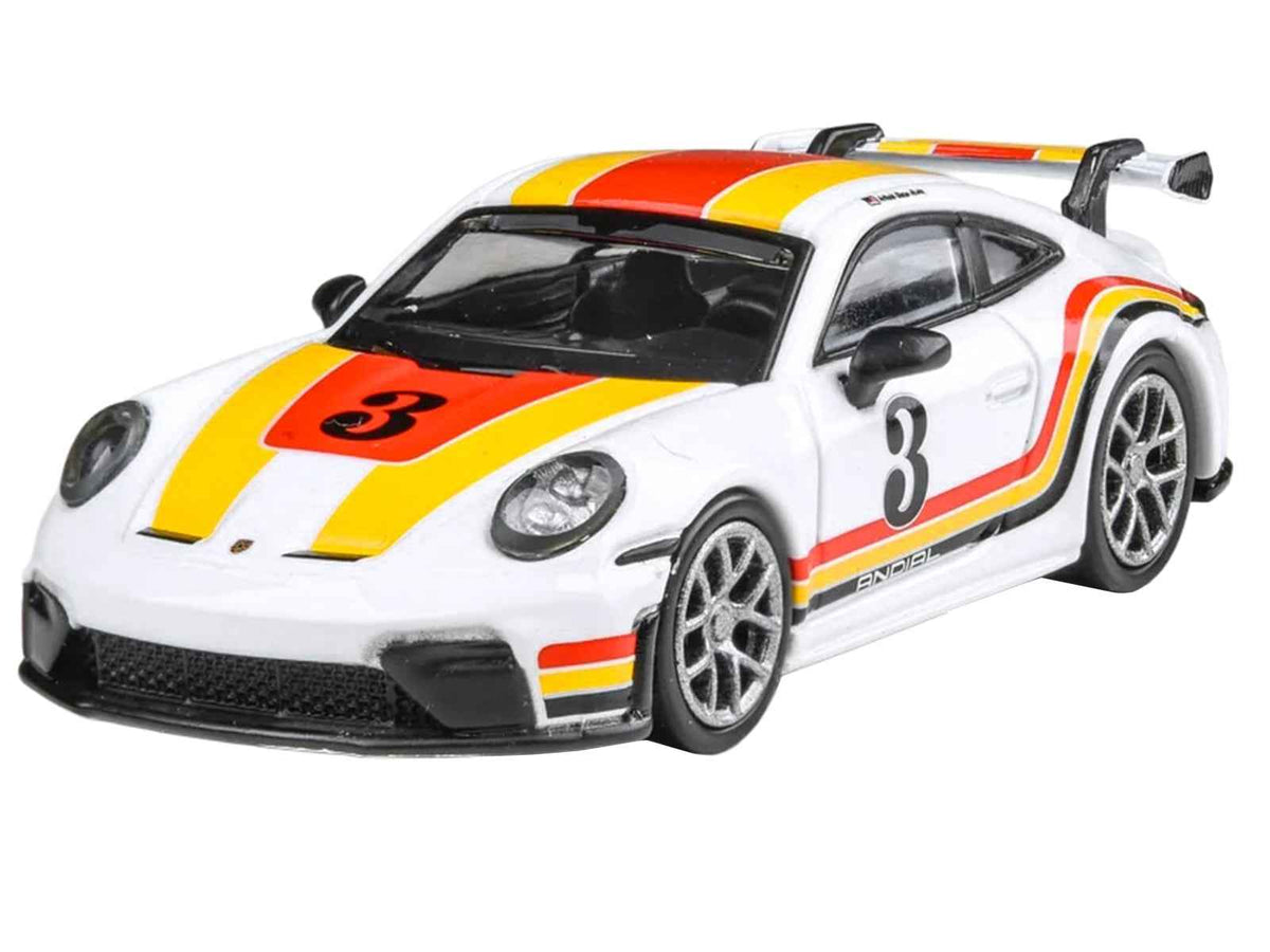 Miniature Porsche 911 GT3 992.2 diecast model car in white with Andial livery and stripes by Paragon Models.