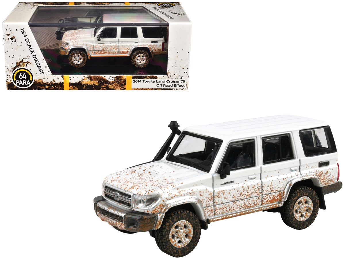 White 2014 Toyota Land Cruiser 76 diecast model car by Miniature Motors, with a dirty off-road effect, 1/64 scale.