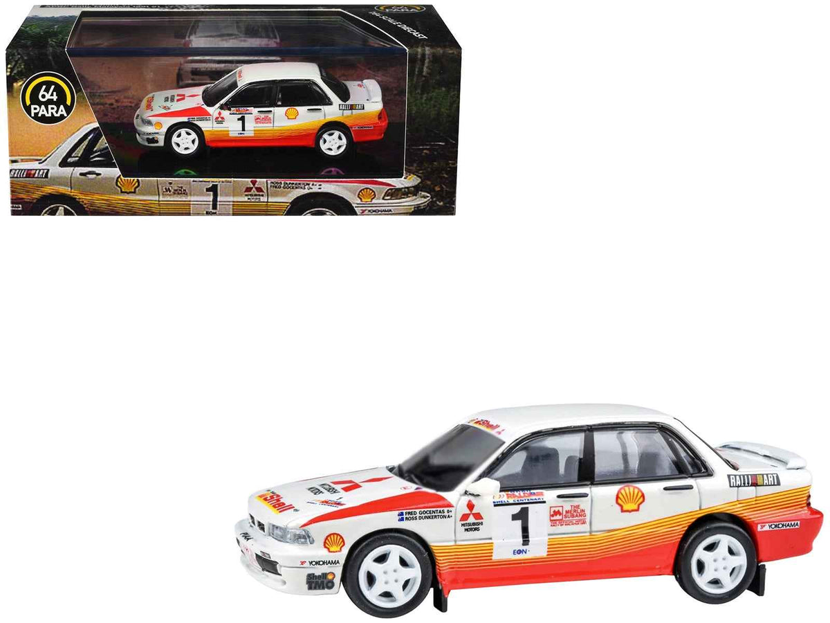 Miniature Motors Mitsubishi Galant VR-4 RHD diecast model car by Paragon Models, featuring Ross Dunkerton and Fred Gocentas at APRC Rally 1991