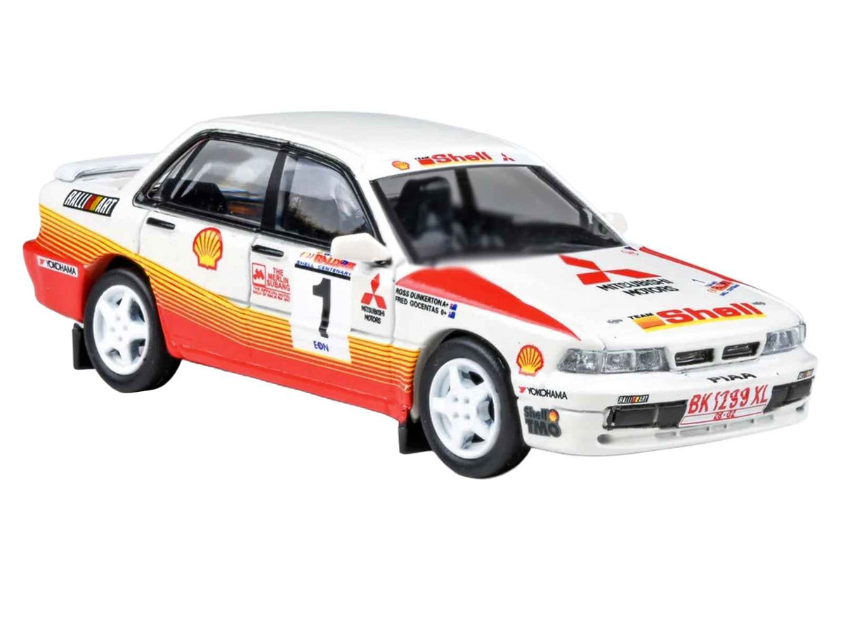 Miniature Motors Mitsubishi Galant VR-4 RHD diecast model car by Paragon Models, featuring Ross Dunkerton and Fred Gocentas in rally livery.