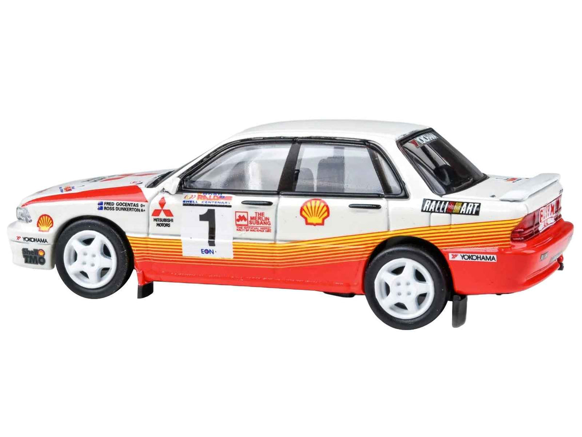 Miniature Motors 1/64 Mitsubishi Galant VR-4 RHD diecast model car by Paragon Models, featuring Ross Dunkerton and Fred Gocentas rally victory.