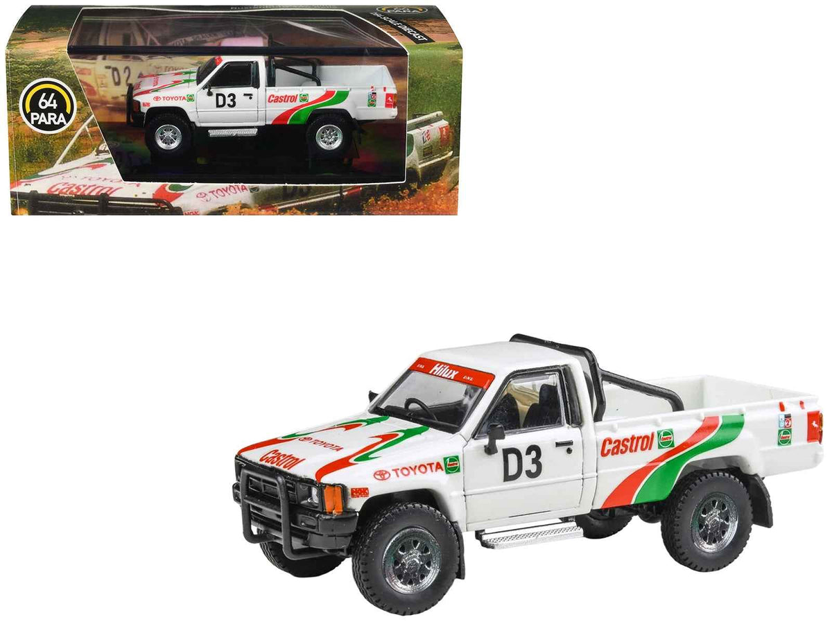 White Toyota Hilux Pickup Truck diecast model by Paragon Models with Castrol and Rustenburg 400 Rally graphics, 1/64 scale.