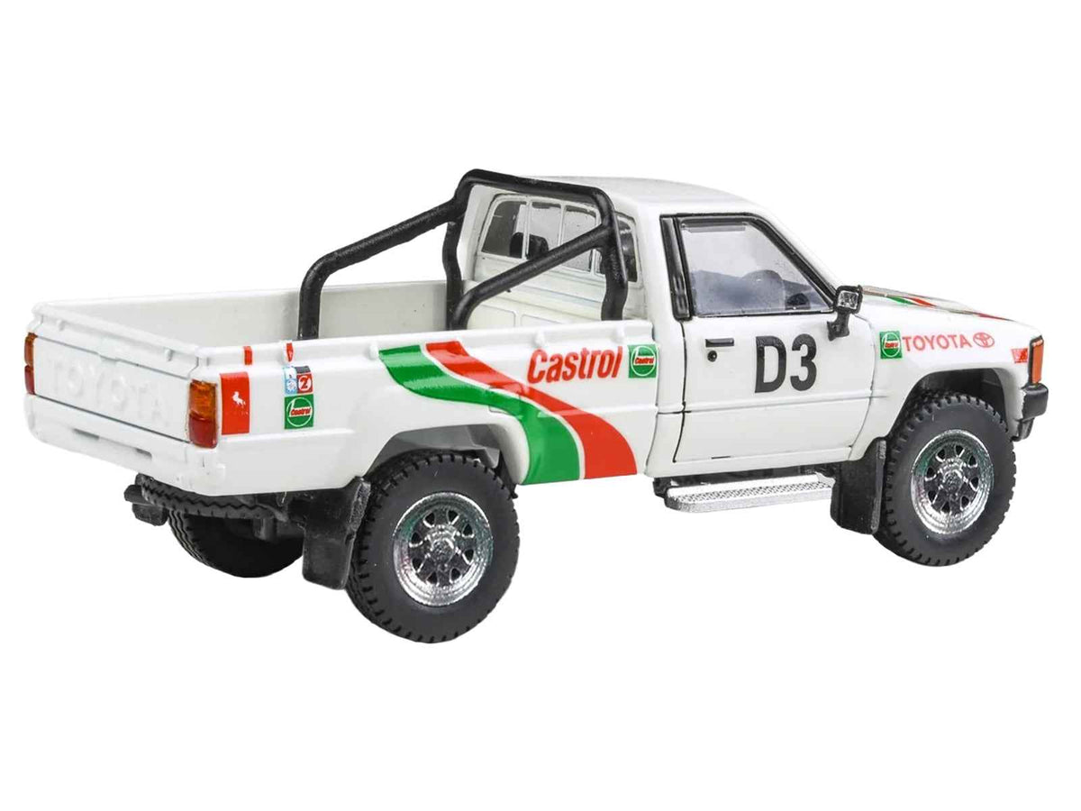 Miniature Toyota Hilux Pickup Truck diecast model by Paragon Models, white with Castrol graphics, Rustenburg 400 Rally 1995.