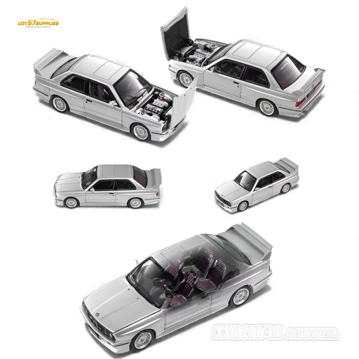 Silver gray BMW E30 M3 diecast model car in 1:64 scale from Lot57Supplies Diecast Shop, detailed miniature collectible.