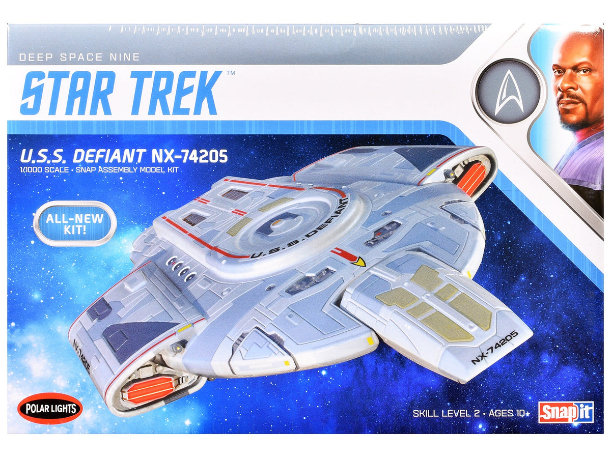 Miniature Motors Skill 2 Snap USS Defiant NX-74205 Starship model kit from Star Trek Deep Space Nine in 1/1000 scale, unassembled.