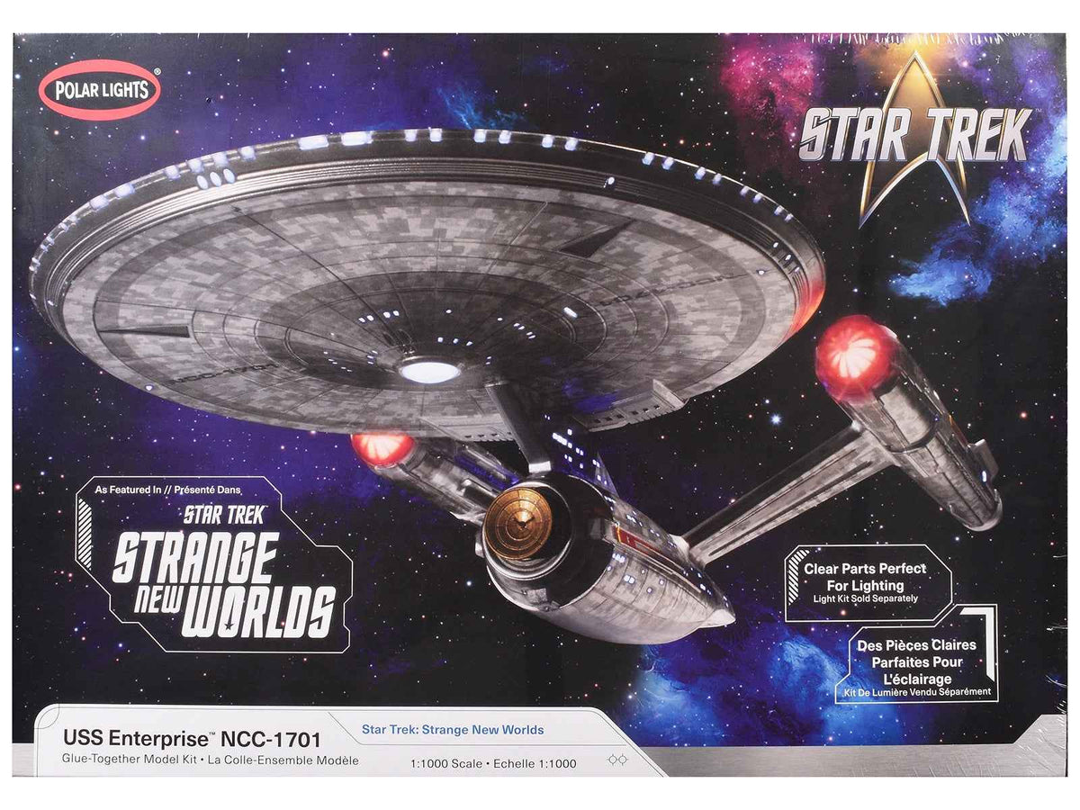 Miniature Motors USS Enterprise NCC-1701 model kit from Star Trek: Strange New Worlds, detailed 1/1000 scale spacecraft by Polar Lights