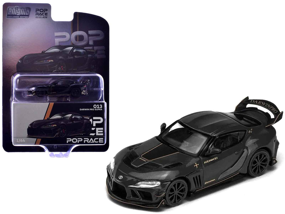 Miniature Motors Toyota Supra DarwinPro Black diecast model car with gold accents, Enigma Exclusive Edition, 1/64 scale by Pop Race.