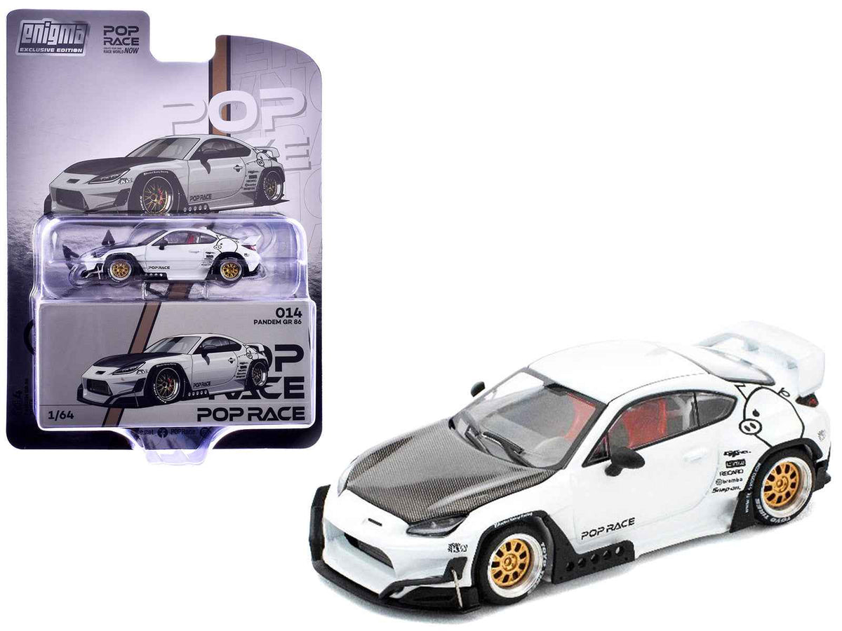 White Toyota Pandem GR86 diecast model car with carbon hood, Enigma Exclusive Edition, 1/64 scale by Miniature Motors.
