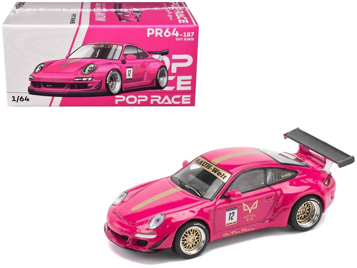 Miniature Motors RWB 997 #12 Hotel Ava pink metallic 1/64 diecast model car, detailed collectible toy by Pop Race