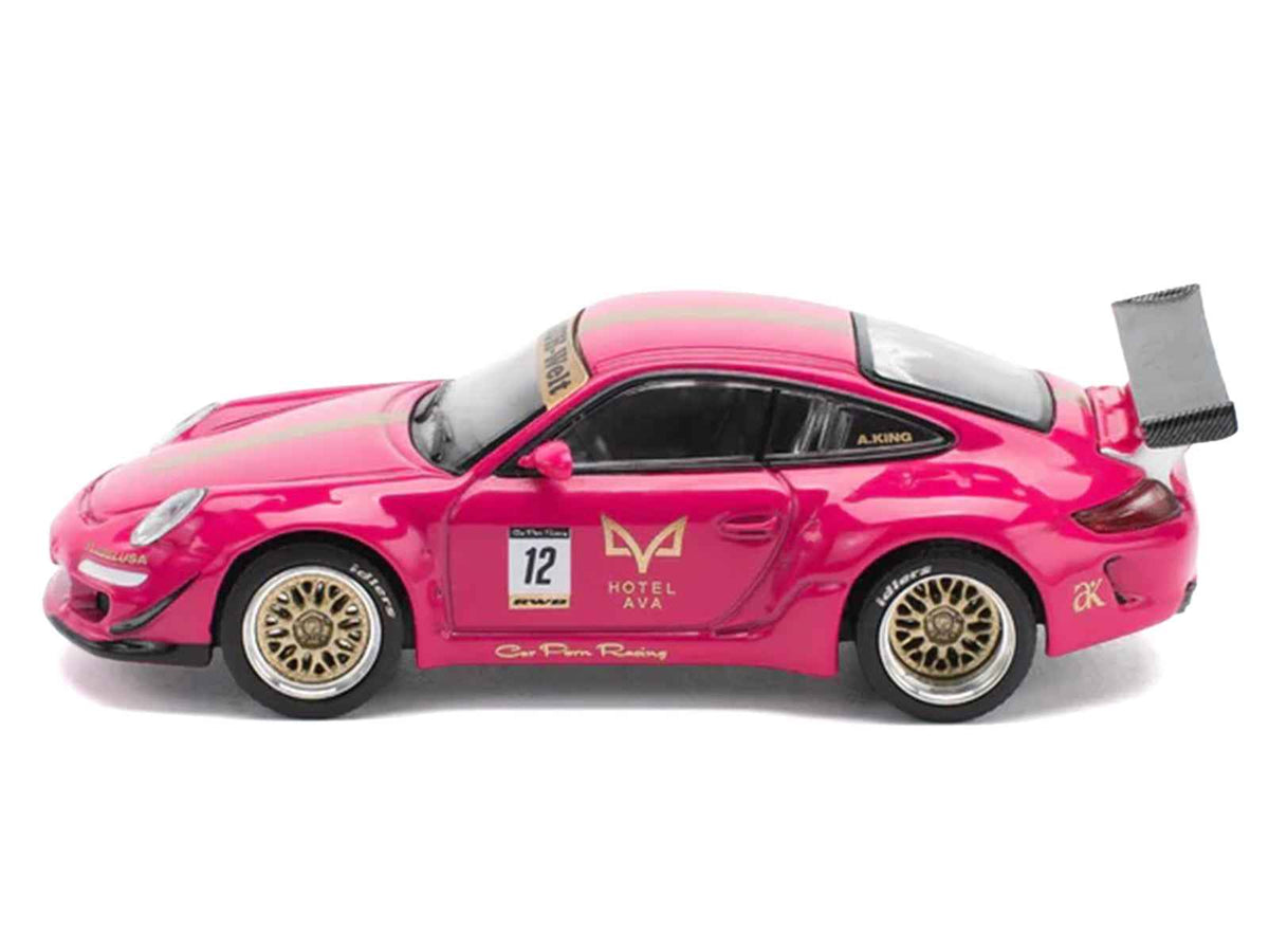 Miniature Motors RWB 997 #12 Hotel Ava pink metallic 1/64 diecast model car by Pop Race on a white background