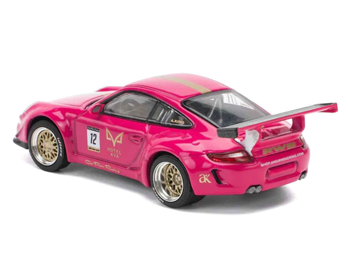Miniature Motors RWB 997 #12 Hotel Ava pink metallic 1/64 diecast model car by Pop Race, detailed collectible vehicle.