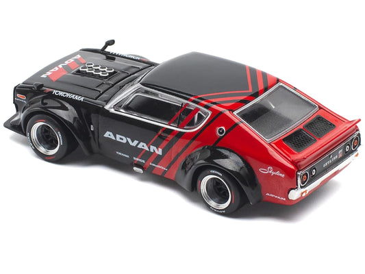 Skyline KPGC110 "Kenmeri" RHD (Right Hand Drive) "ADVAN" Black and Red 1/64 Diecast Model Car by Pop Race