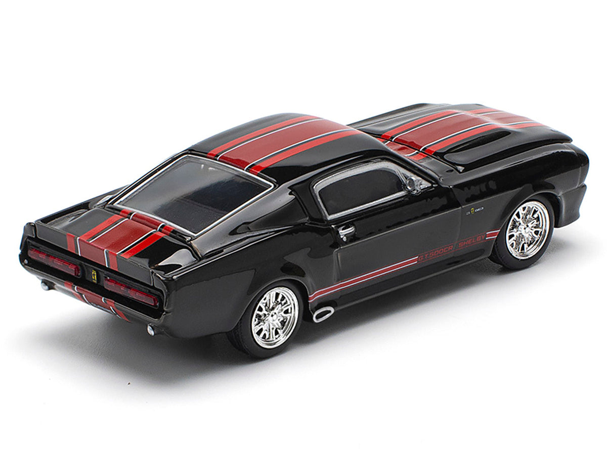 Miniature Motors Shelby Mustang GT500 diecast model car with dark chrome finish and red stripes, 1/64 scale by Pop Race.