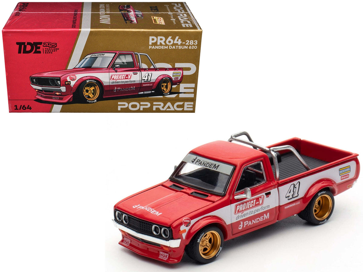 Red metallic Datsun Pandem 620 pickup diecast model by Miniature Motors with white stripes, displayed at 1/64 scale.