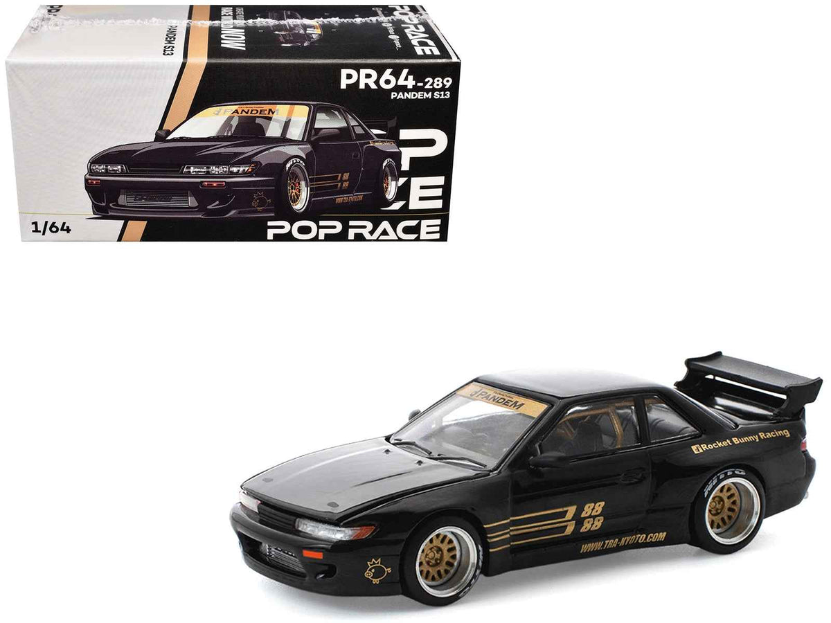 Miniature Motors Pandem S13 RHD black diecast model car with gold accents, 1/64 scale by Pop Race, detailed collectible vehicle