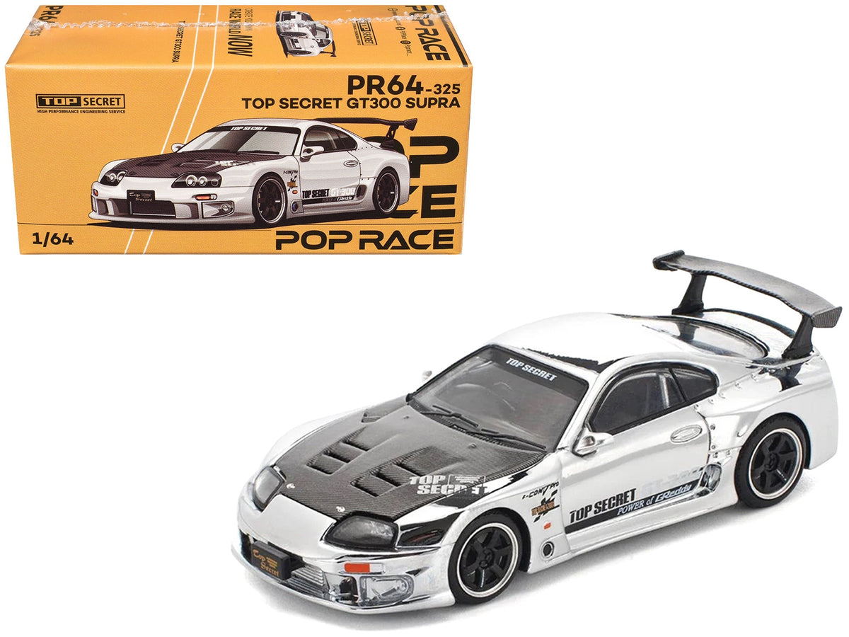 Silver chrome Toyota Supra "Top Secret" GT300 diecast model car by Miniature Motors, RHD 1/64 scale featuring detailed design.