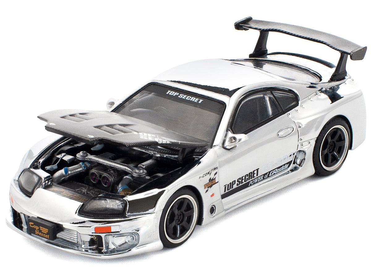 Silver chrome Toyota Supra "Top Secret" GT300 diecast model car by Miniature Motors, RHD, 1/64 scale, detailed miniature vehicle.