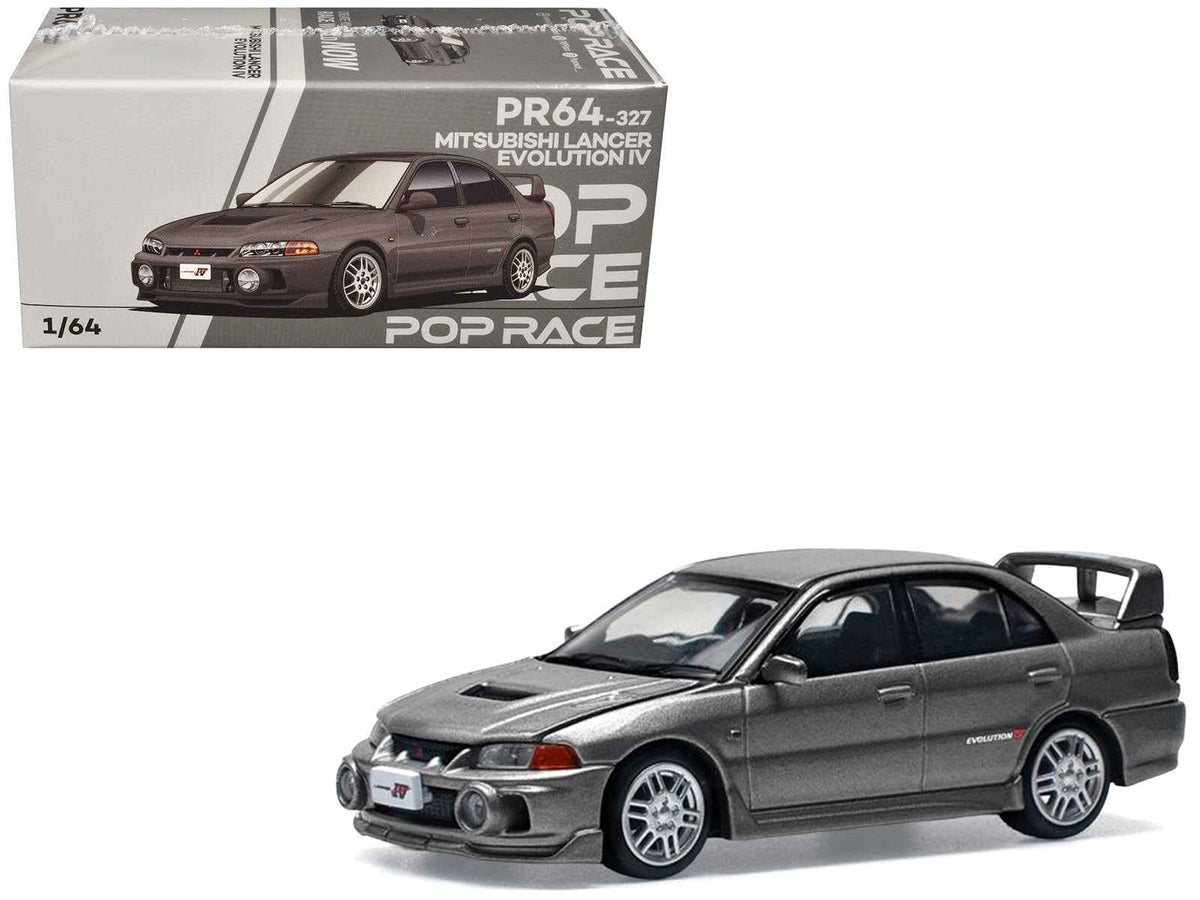 Dark gray metallic Mitsubishi Lancer Evolution IV diecast model car by Miniature Motors, right-hand drive, 1/64 scale.