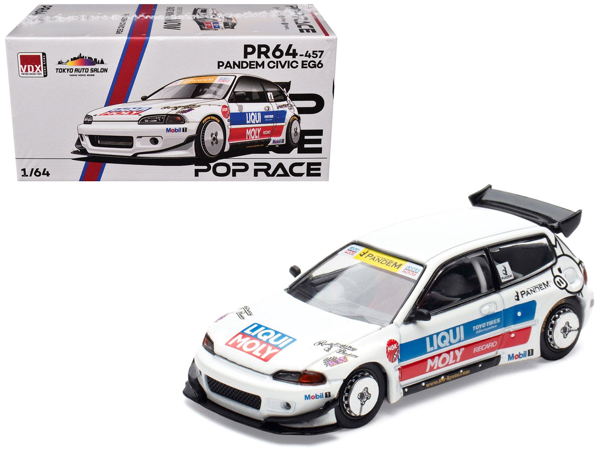 Miniature Motors Pandem Civic EG6 RHD diecast model car in white with stripes and graphics, Tokyo Auto Salon Hong Kong 2025 edition.