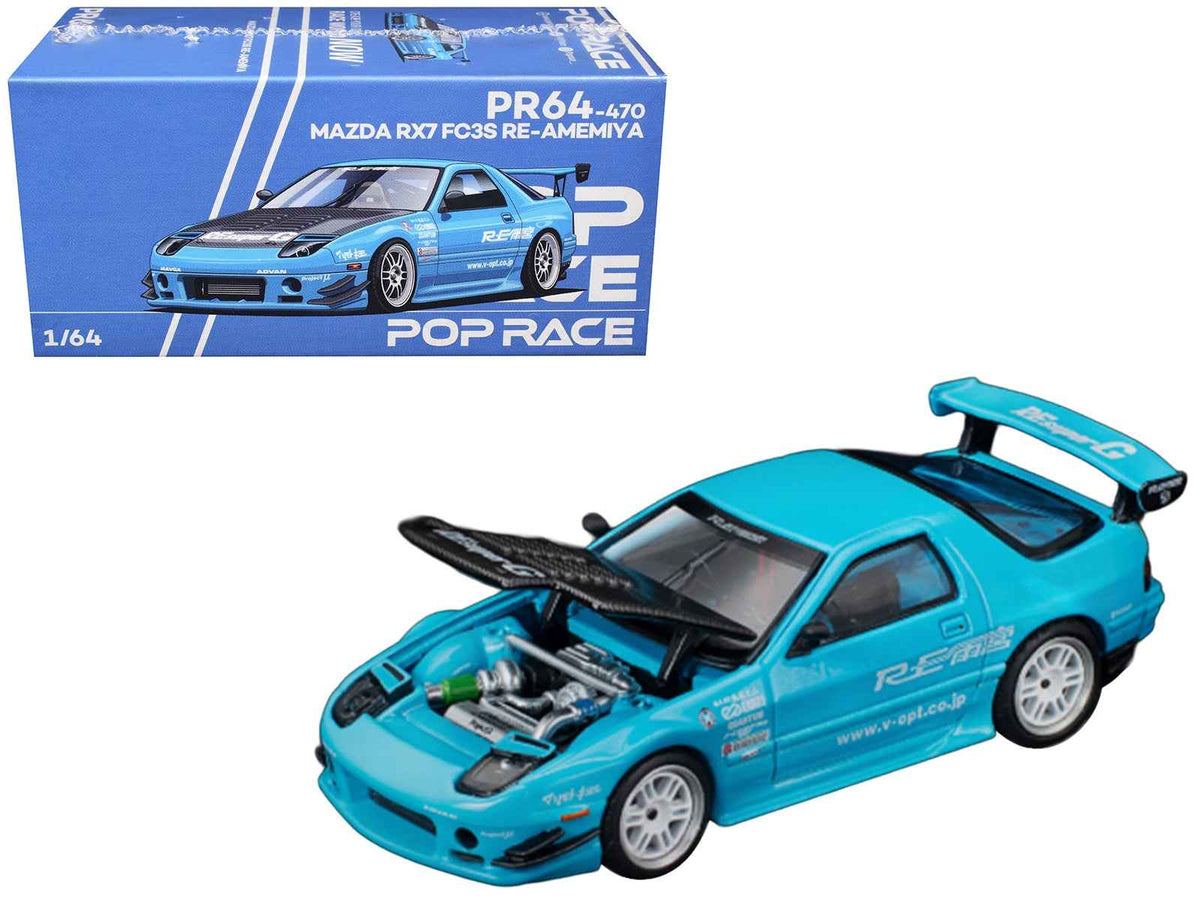 Miniature Motors Mazda RX7 FC3S RE Amemiya diecast model car in light blue with carbon hood, right-hand drive, detailed Tokyo Auto Salon 2026 edition