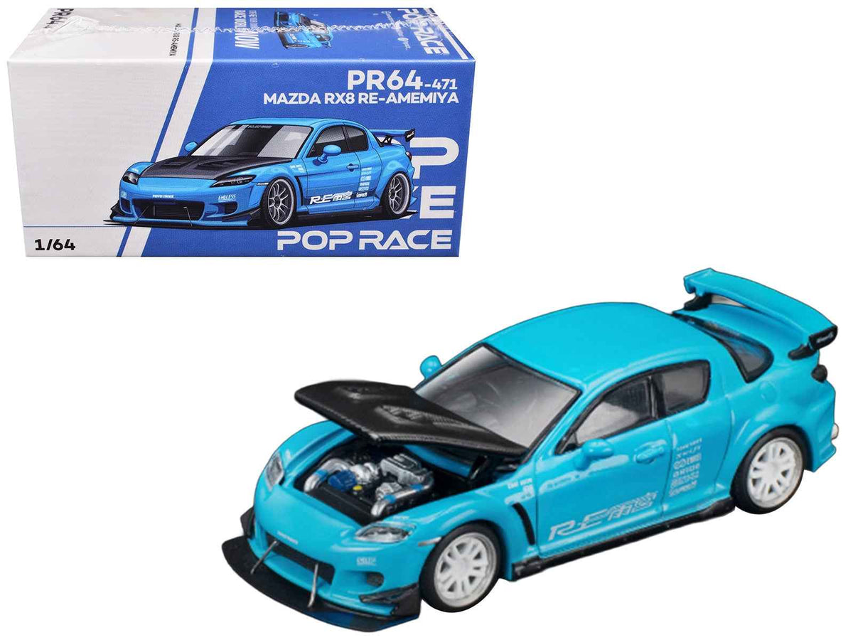 Miniature Motors Mazda RX8 RE Amemiya diecast model car in light blue with carbon hood, RHD, Tokyo Auto Salon 2026, 1/64 scale