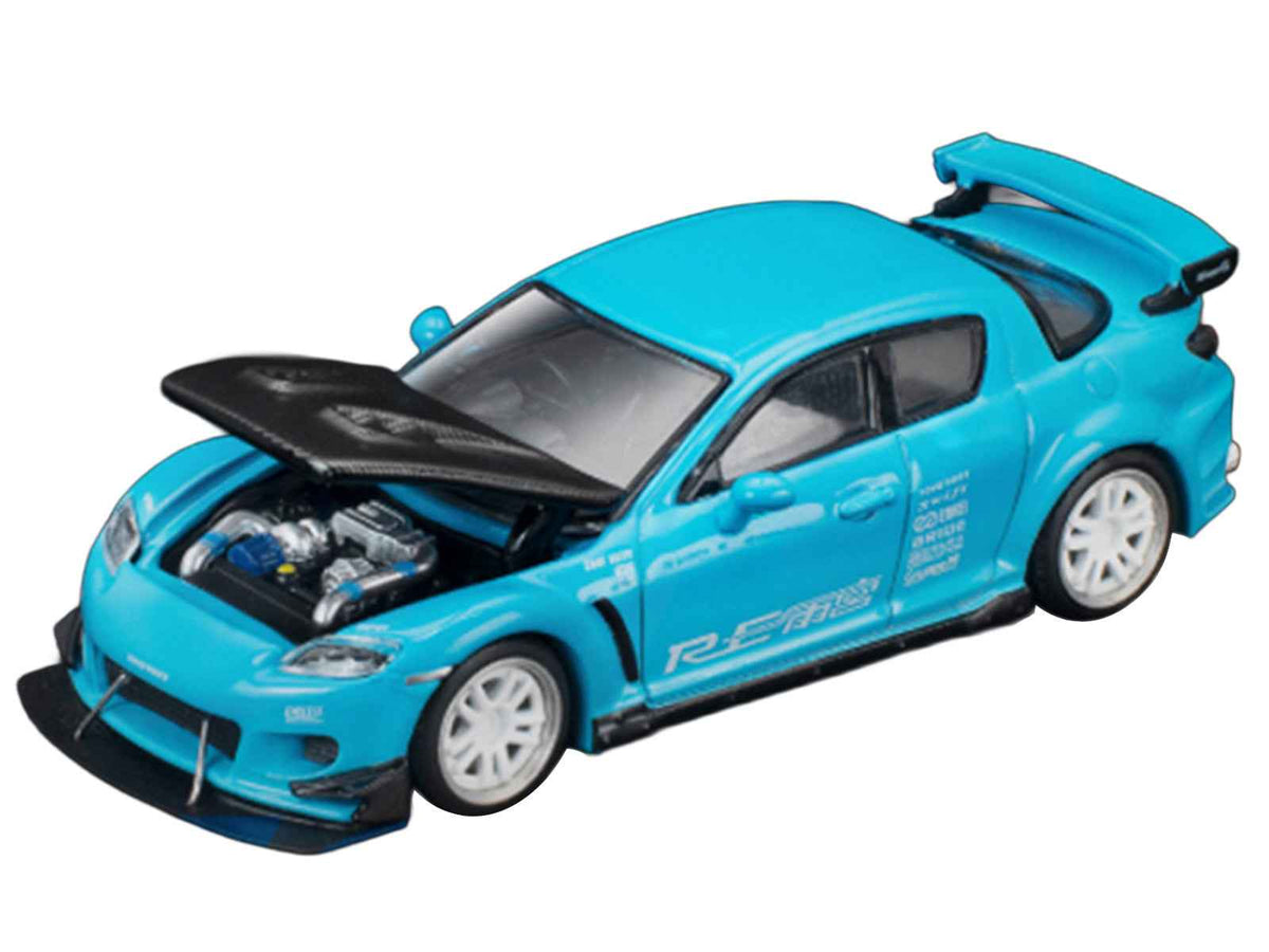 Miniature Motors Mazda RX8 RE Amemiya light blue diecast model car with carbon hood, showcasing Tokyo Auto Salon 2026 design.