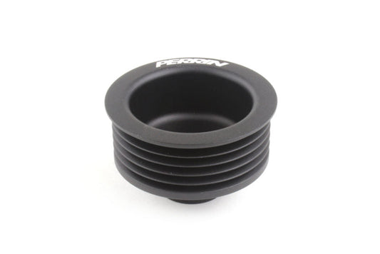 Black PERRIN alternator pulley for 2022-2025 Subaru WRX, JDMuscle branded, shown on a car engine with a close-up view.