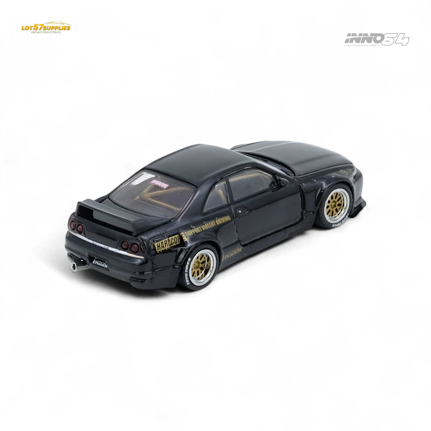 Black Inno64 PANDEM GT-R (BCNR33) diecast Nissan model from Lot57Supplies, detailed 1:64 scale collectible car.