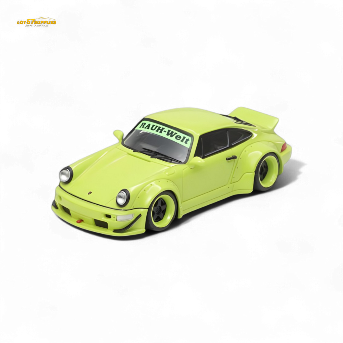 Green Porsche RWB964 wide-body diecast model with duck wing, high-speed details, by Lot57Supplies Diecast Shop, 1:64 scale.