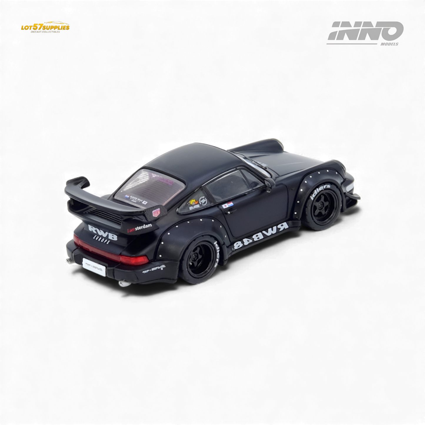 Black matte Porsche 964 diecast model of Darth Vader RWB 964 by INNO64, featuring detailed design and realistic features.