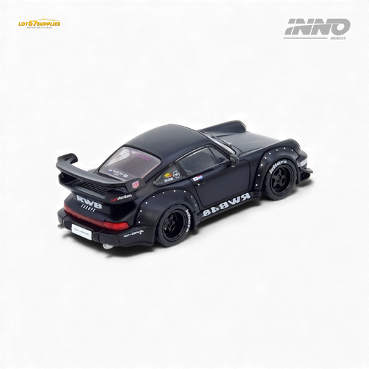 Black matte Porsche 964 diecast model of Darth Vader RWB 964 by INNO64, featuring detailed design and realistic features.