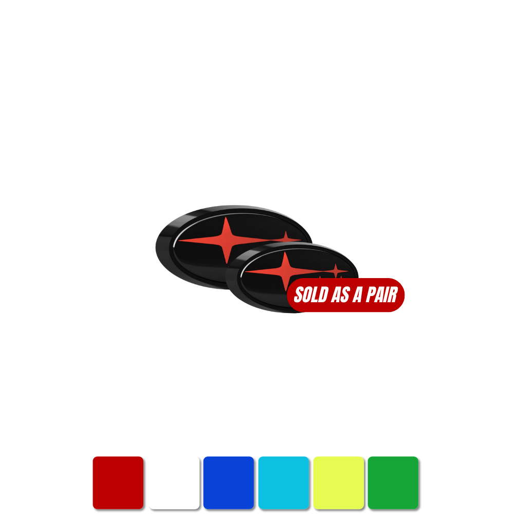 JDMuscle Racing Art front and rear emblem kit for 2015-2021 Subaru WRX and STI, featuring stylish ornaments and emblems.
