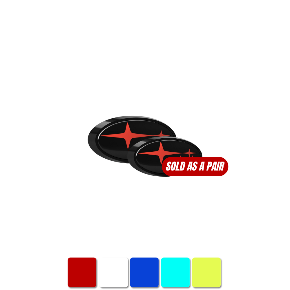 JDMuscle Racing Art Subaru WRX front and rear emblem kit, automotive ornaments for 2022-2025 WRX models, close-up view.
