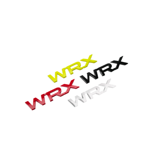 Racing Art WRX trunk emblem in red, black, neon yellow, and white for 2015-2021 Subaru WRX, JDMuscle ornament for car customization.