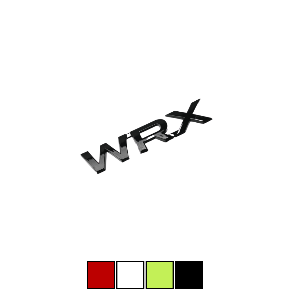 Racing Art WRX trunk emblem in red, black, neon yellow, and white for 2015-2021 Subaru WRX, JDMuscle brand, automotive ornament.