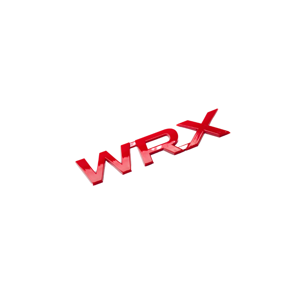 Racing Art WRX trunk emblem in red, black, neon yellow, and white for 2015-2021 Subaru WRX, durable ornament for car customization.