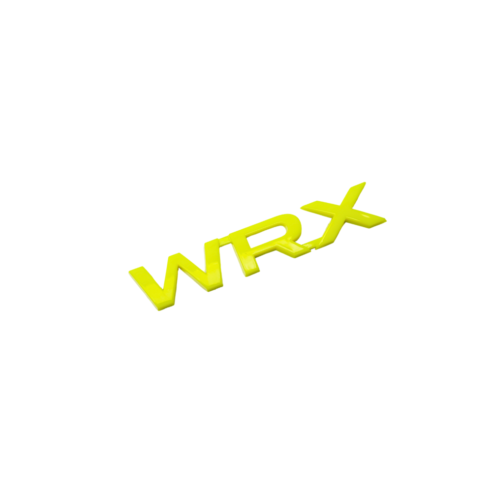 JDMuscle Racing Art WRX trunk emblem in red, black, neon yellow, and white for 2015-2021 Subaru WRX, universal fit.