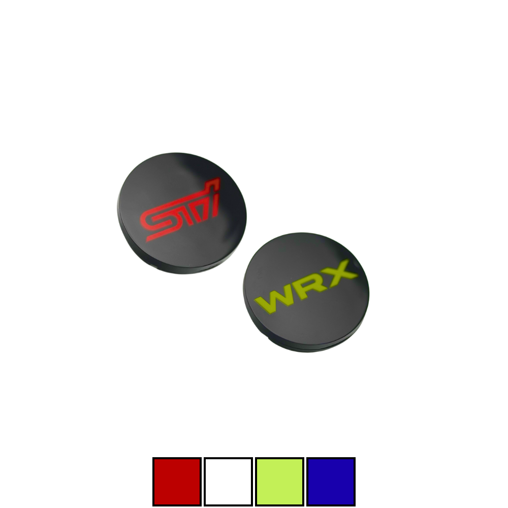 JDMuscle Racing Art Subaru WRX STI factory wheel center caps with WRX or STI logo in red, blue, neon yellow, and white.