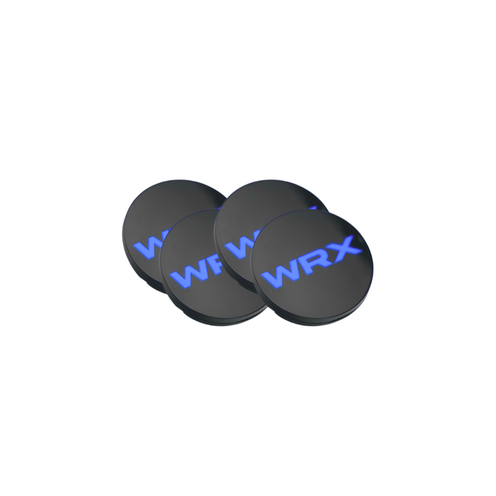 JDMuscle Racing Art 15-25 WRX/STI factory wheel center caps with WRX or STI logo in red, blue, yellow, and white.