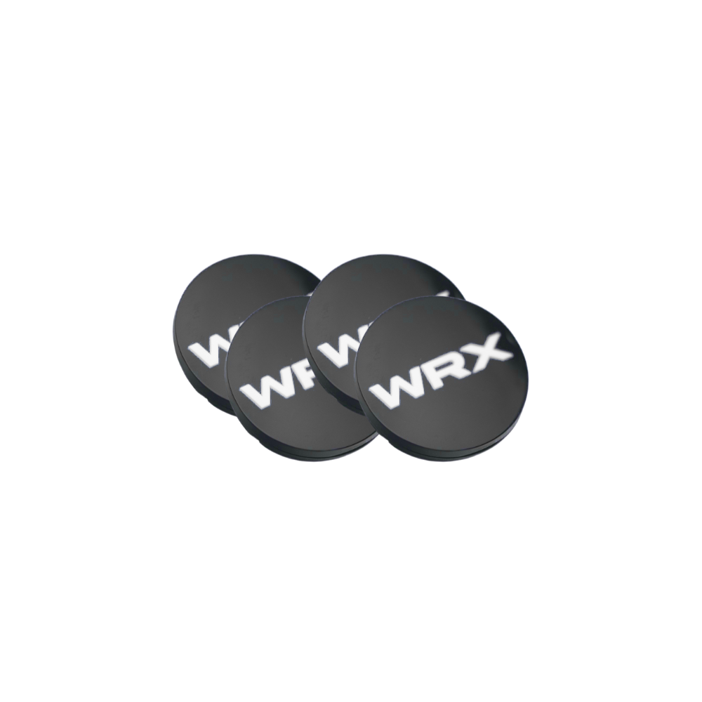 JDMuscle Racing Art 15-25 WRX/STI factory wheel center caps with WRX or STI logo in red, blue, neon yellow, or white on a Subaru wheel
