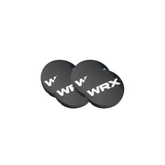 Subaru WRX STI factory wheel center caps by Racing Art with WRX or STI logo in red, blue, neon yellow, and white colors.