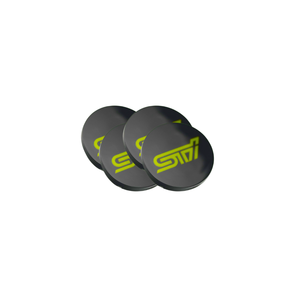 JDMuscle Racing Art 15-25 WRX/STI factory wheel center caps with WRX or STI logo in red, blue, neon yellow, and white colors.